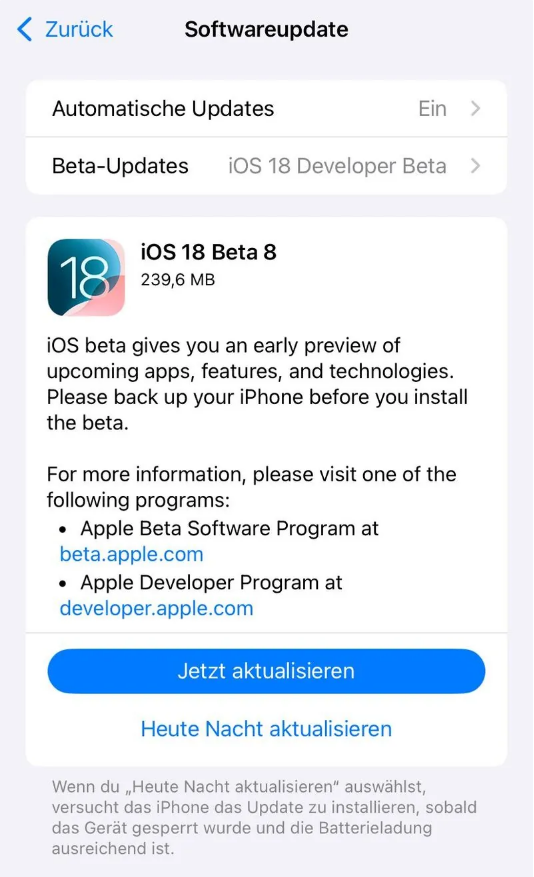 商丘苹果手机维修分享苹果 iOS / iPadOS 18 开发者预览版 Beta 8 发布 